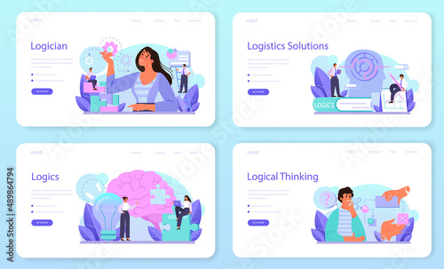 Logician web banner or landing page set. Scientist systematicly studying logical
