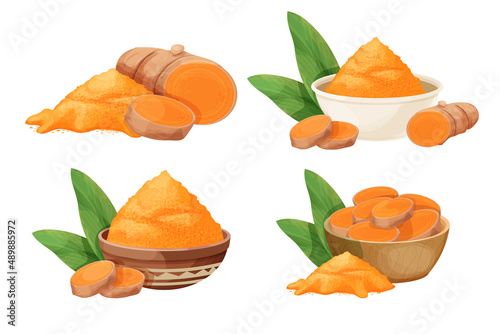 Set turmeric, curcuma dry powder in bowl, cup root in cartoon style isolated on white background. Homeopathy ingredient, aromatic Asian cuisine, close up