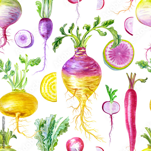 Seamless pattern of root vegetables: turnips, radishes, rutabagas on a white background, watercolor illustration, print for fabric and other surfaces.