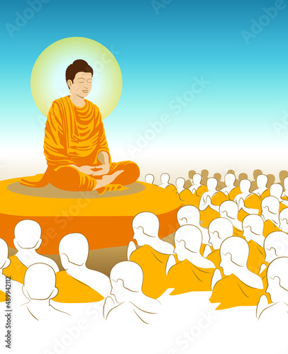 beautiful Vector of Lord of Buddha Enlightenment mediating sitting with crowd of monk for Makha, Visakha, Asarnha Bucha, Visak and buddhist lent day asian religion holiday retro style blue background