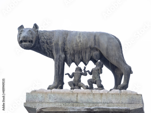 she wolf roman empire symbol breast feeding newborn romolus and remus statue isolated on white