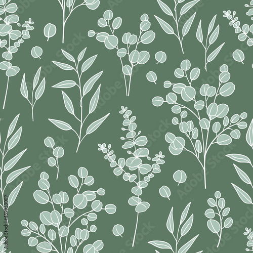 Hand drawn eucalyptus branches seamless pattern vector doodle illustration