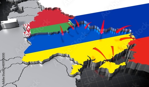 Russia, Belarus and Ukraine invasion/ war map - 3D illustration