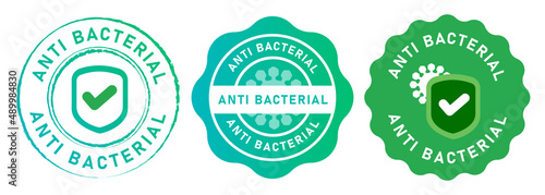 Anti bacterial microbe bacterium hygiene bacteria protection symbol shield tested check mark symbol emblem tag design in green