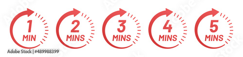 Clock time circle from 1 minutes to 5 minutes icon set. Countdown symbol