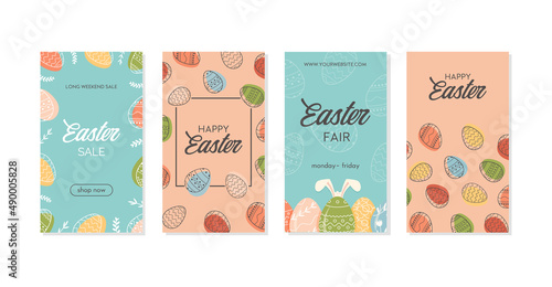 Set of Happy Easter social media story templates, sale banners, greeting cards or vertical posters with place for text. Bunny ears and Easter Eggs in trendy minimalistic style. Vector illustration.
