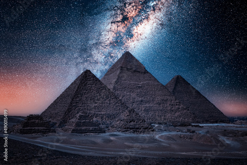 The Pyramids of Giza by night in Egypt 