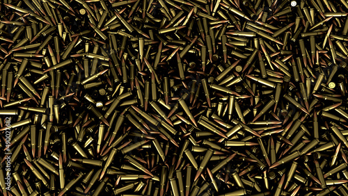 Pile of fire bullets or ammunition top view background. 3d render