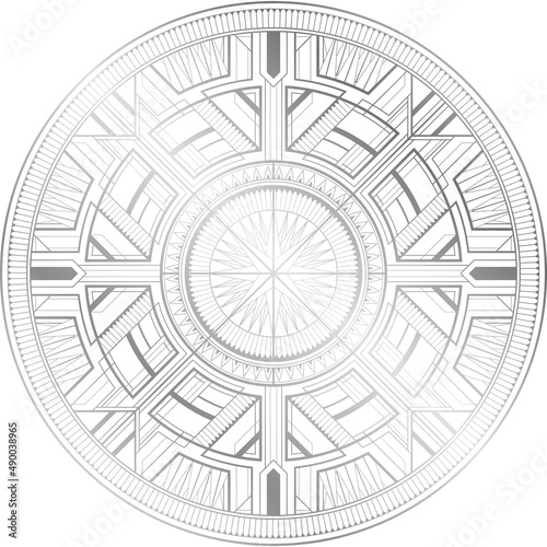 Silver art deco circle with ornament on white background
