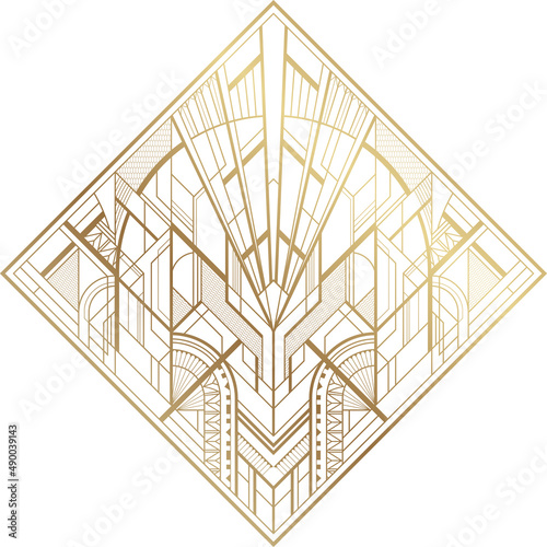 Gold art deco rhombus with ornament on white background