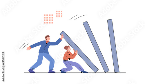 Business people holding falling dominoes, flat vector illustration isolated.