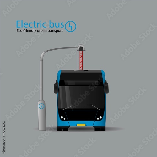 Electric bus at the charging station. A new type of ecological urban transport. Front view.