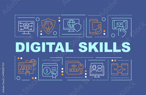 Digital skills word concepts dark blue banner. Computer literacy. Infographics with icons on color background. Isolated typography. Vector illustration with text. Arial-Black font used