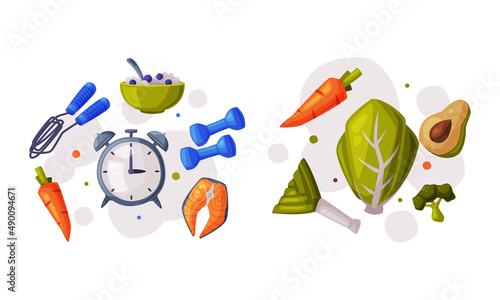 Healthy diet and sports objects set. Fresh organic vegetables, alarm clock and sports equipment vector illustration