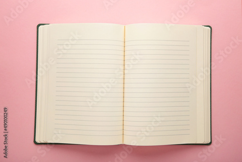 Blank open notepad on a pink background.