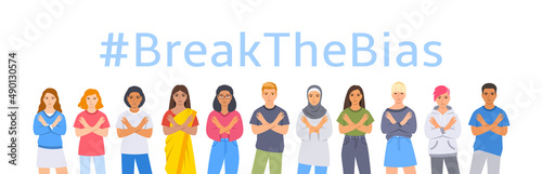 Break the bias pose International Women's Day. Diverse women and men stand with crossed arms to stop gender discrimination and fight stereotypes. People equality movement. Flat illustration