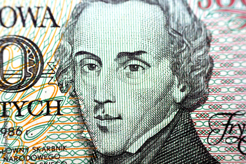 Portrait of the Polish composer NFryderyk Franciszek Chopin from the obverse side of 5000 five thousand old Polish Zlotych banknote currency year 1986, old Polish Zloty money, Poland, vintage retro