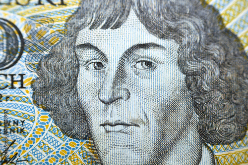 A portrait of Nicolaus Copernicus (Mikolaj Kopernik) from a fragment of the obverse side of 1000 one thousand old Polish Zlotych banknote currency year 1982, old Zloty money, Poland, vintage retro