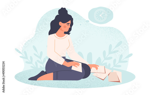 Clumsy person collecting dropped business documents from floor. Female office employee collects scattered sheet of paper. Frustrated entrepreneur sitting on knees. Cartoon flat vector illustration