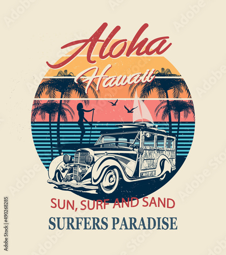 Honolulu typography for t-shirt print with sun,beach and retro Woody Car.Vintage poster. 