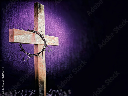 Lent Season,Holy Week and Good Friday concepts - photo of cross shaped in purple vintage background. Stock photo. 