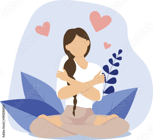 Girl self-love meditation yoga lotus in FaceLess style and with plants and hearts