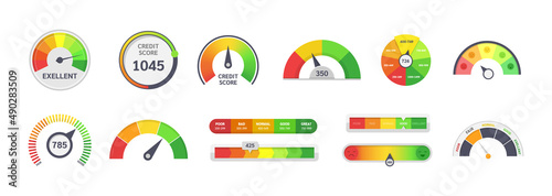 Multicolored speedometer scale set. Meter level score measure graphic dial with different colors