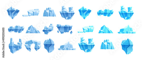 Floating glacier set. Natural iceberg in north sea or arctic ocean with melting ice peak and rocks