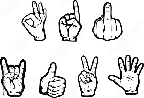 A set of 7 hand gestures. Simple Outline Icons no fill. Thumbs up victory palm middle finger one rock and ok sign.