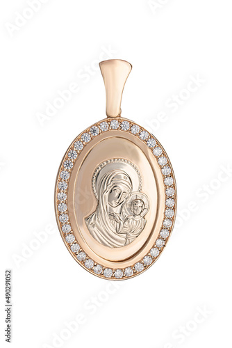 Gold medallion icon of the Mother of God. The jewelry is isolated on a white background. Expensive jewelry, precious