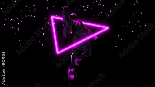 Miles Morales Spiderman Jumping In Purple Neon Triangle Black Background