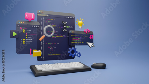 Programmer developer typing script source languages coding symbols icon development project data programming software engineering IT technologies computer. 3d rendering.