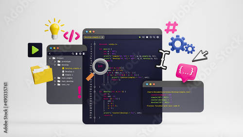 Programmer developer typing script source languages coding symbols icon development project data programming software engineering IT technologies computer. 3d rendering.