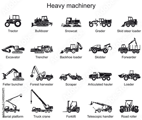 Detailed icons of heavy machinery. Vector illustration