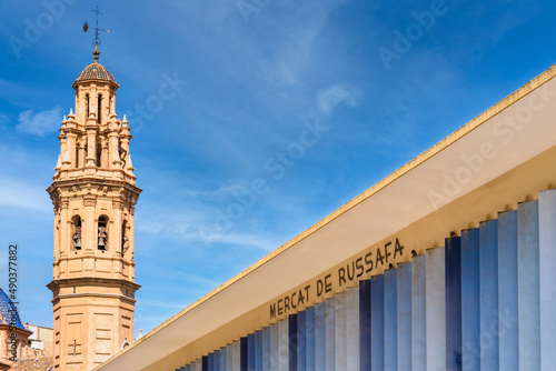 View of Mercat de Russafa (Russafa market) and church bell tower