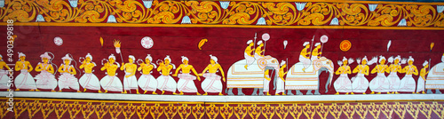 Ancient art of a parade on a wood in Kandy perahara in Tooth Relic Kandy Sri Lanka