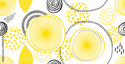 Zitronen abstrakt nahtloses Muster gelb schwarz weiß für Druck auf Textil, Papier, Bettzeug, Fashion