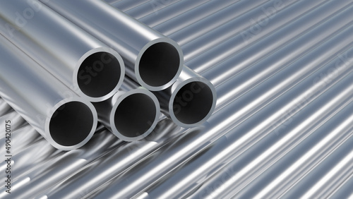 Group, set of simple new high quality shiny galvanized stainless steel metal aluminium alloy pipes stacked, iron pipes, industrial construction materials, supplies storage, warehouse stock, nobody