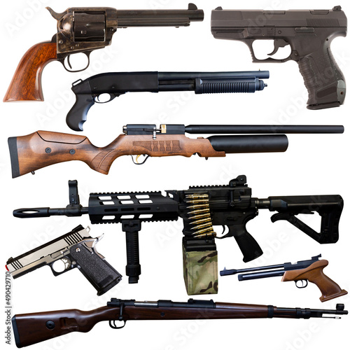 Collection of different types of firearms isolated over white background.