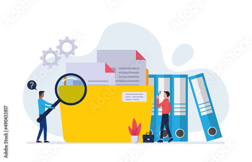 Workers searching file. employee uses magnifying glass. File binders, yellow folder with documents. File manager, data storage and indexing. Files search.