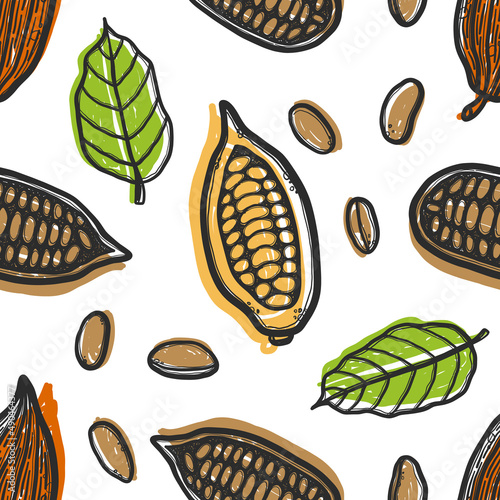 Hand drawn chocolate cocoa beans tree vector seamless pattern. Grunge stylized theobroma engraved drawing of leaves on white background. Engraved medical herbs. Wrapping paper, wallpaper