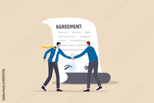 Business deal, agreement or collaboration document, contract or success negotiation, executive handshaking concept, businessman partner people shaking hand after signing business agreement document.