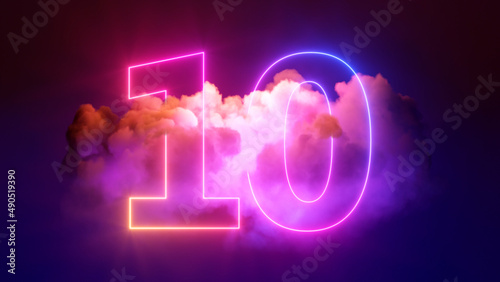 3d render, neon linear number ten and colorful cloud glowing with pink blue neon light, abstract fantasy background