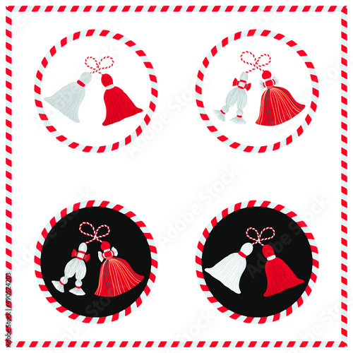 Bulgarian baba marta holiday traditional martenitsa stickers design in red and white colors