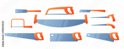 Vector illustration set of hacksaw with orange handle isolated on white background. Different types of carpenter or repairmen handsaw vector icons set. Construction tool for cutting metal and tree. 