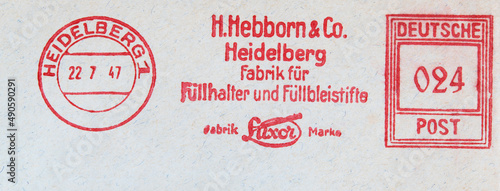 stempel slogan werbung heidelberg briefmarke vintage gebraucht gestempelt retro alt frankierung rot red used gebraucht cancel frankiert fabrik füllhalter füllbleistift 1947 luxor inkpen ballpen 24