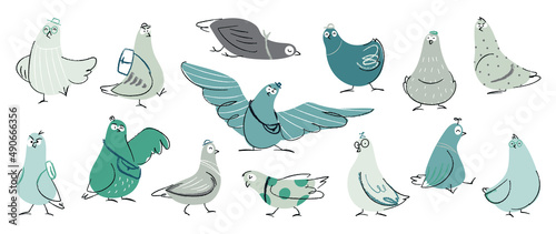 Set of cute pigeon vector. Lovely bird and friendly pigeon doodle pattern in different poses and clothes with flat color. Adorable funny animal characters hand drawn collection on white background.
