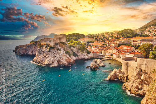 Fort Lovrijenac from the top walls of Dubrovnik city of Croatia. Looking Fort Lovrijenac fortress, over the West Harbour. Dubrovnik historic city of Croatia in Dalmatia. UNESCO World Heritage Site.