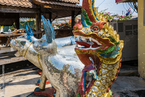 Lop Buri, Thailand - February, 06, 2022 : 12 zodiac statues In Wat Phu Noi, Lopburi, Thailand.