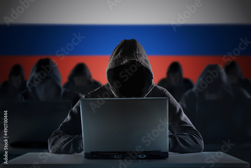 Many russian hackers in troll farm. Cyber crime and security concept.